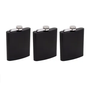 7 oz Black Stainless Steel Liquor Hip Flask, Smooth Coating Set of Three