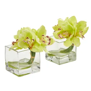 8" Artificial Cymbidium Orchid Arrangement in Glass Vase (Set of 2) - Low Maintenance, Life-Like & Vibrant Silk Flowers For Busy People.