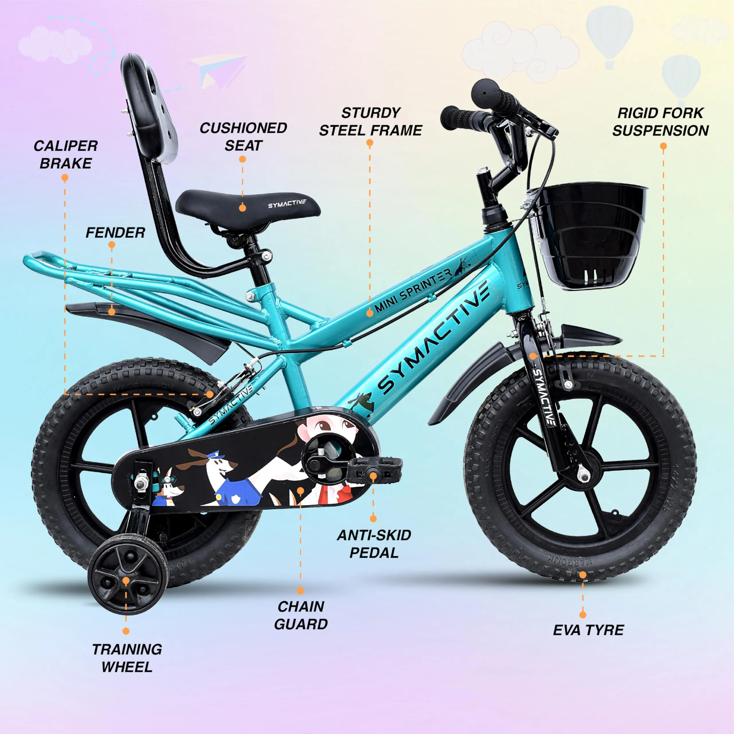 Amazon Brand - Symactive Mini Sprinter, 14T Single Speed Kids Rigid Suspension Cycle/Bicycle/Bike, Caliper - Brakes, Frame Size: 10 Inch, Age: 3-5 Yr, Eva Tyre (Pearlized Blue/Green, Unisex)