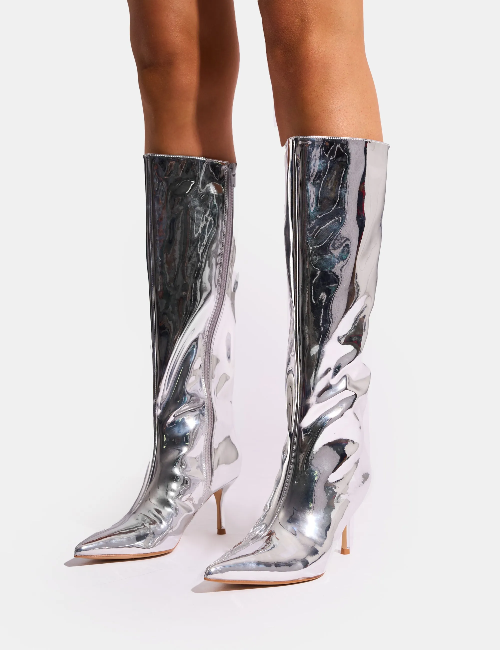 Amped Mirror Silver Pointed Toe Mid Heel Knee High Boots