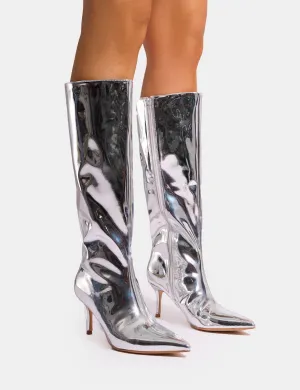 Amped Mirror Silver Pointed Toe Mid Heel Knee High Boots