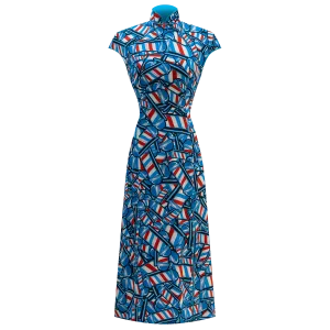 【BARBER TWIRL】100% Silk Cheongsam (Cap Sleeve) (香港經典) (轉轉燈) (紅白藍)