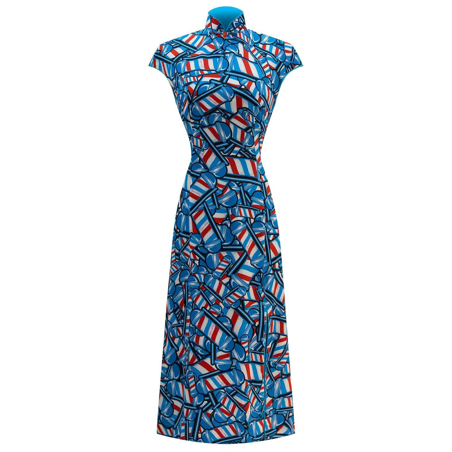 【BARBER TWIRL】100% Silk Cheongsam (Cap Sleeve) (香港經典) (轉轉燈) (紅白藍)