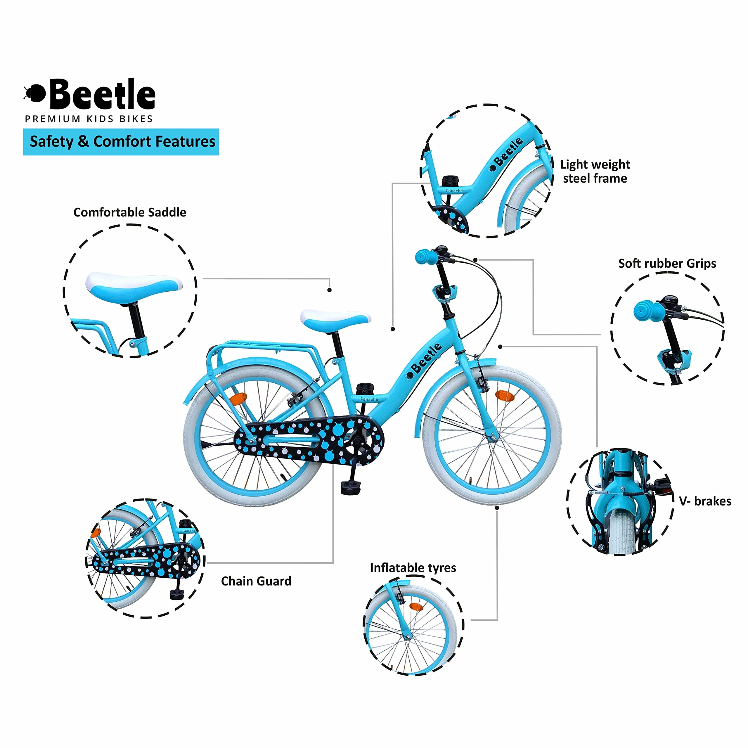 Beetle Panache 20T Kids Cycle with 12 Inches Steel Frame for 6 to 10 Year olds, Turquoise Blue, Unisex