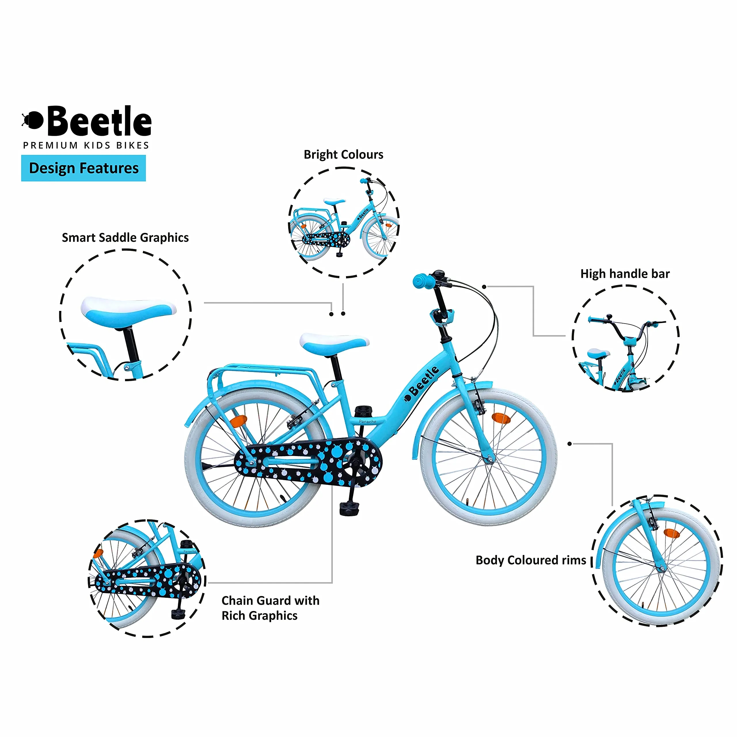 Beetle Panache 20T Kids Cycle with 12 Inches Steel Frame for 6 to 10 Year olds, Turquoise Blue, Unisex