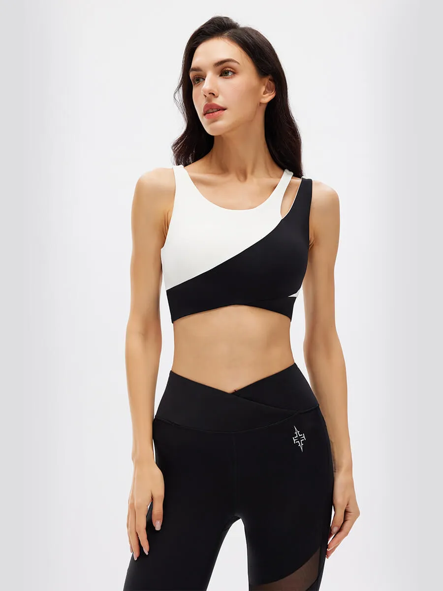 Black and White Diagonal Striped Sports Bra