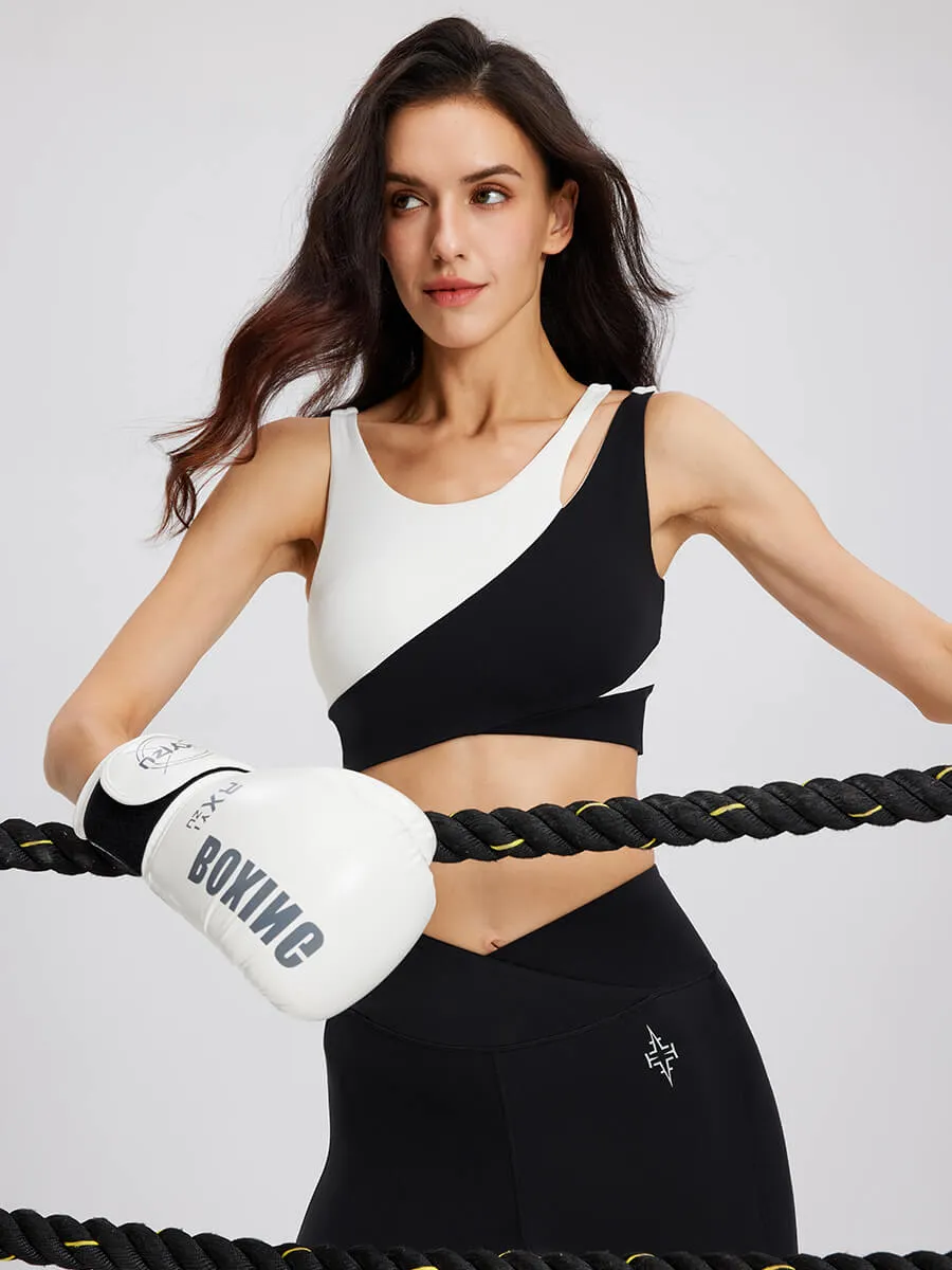 Black and White Diagonal Striped Sports Bra