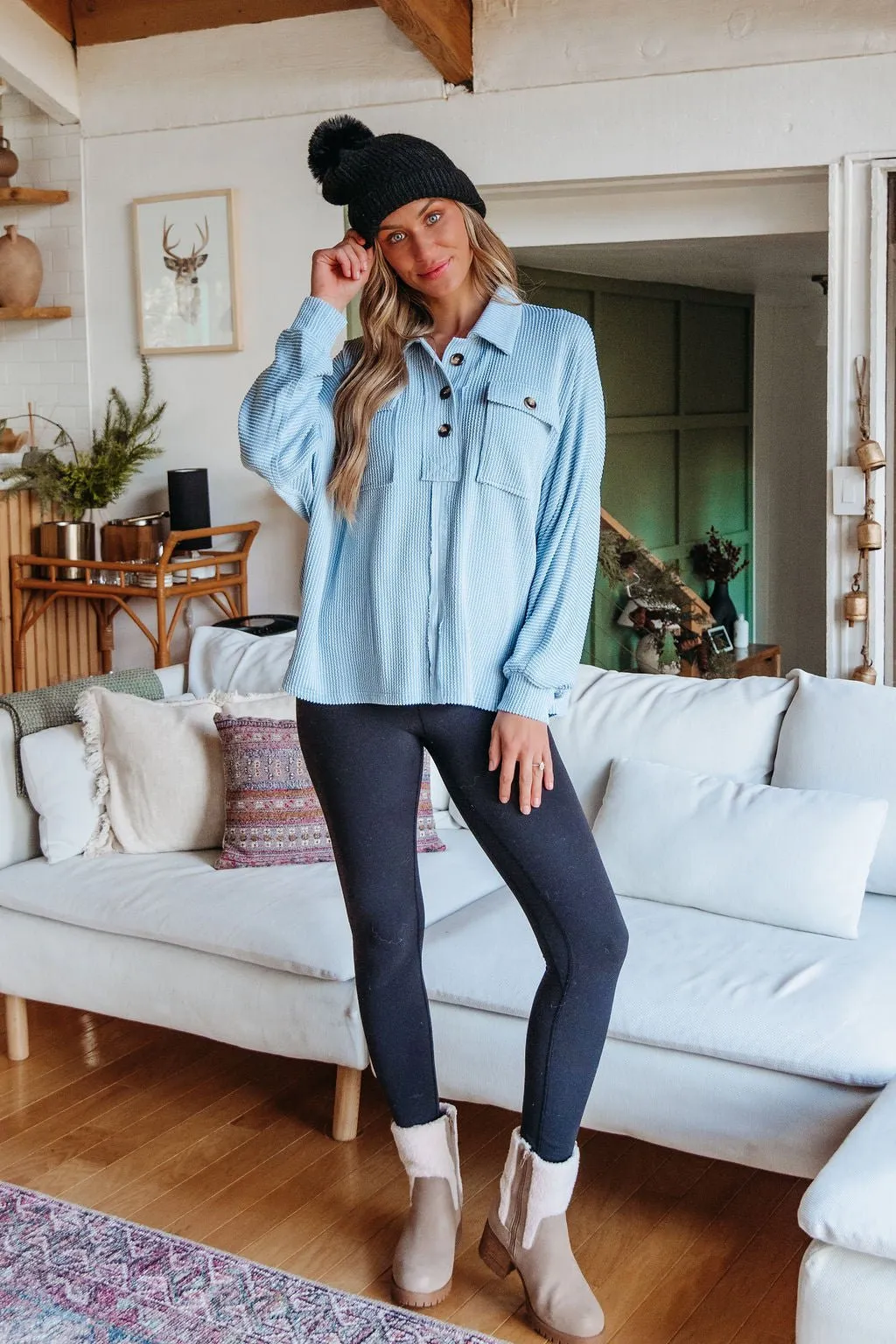 Blue Half Button Up Ribbed Pullover