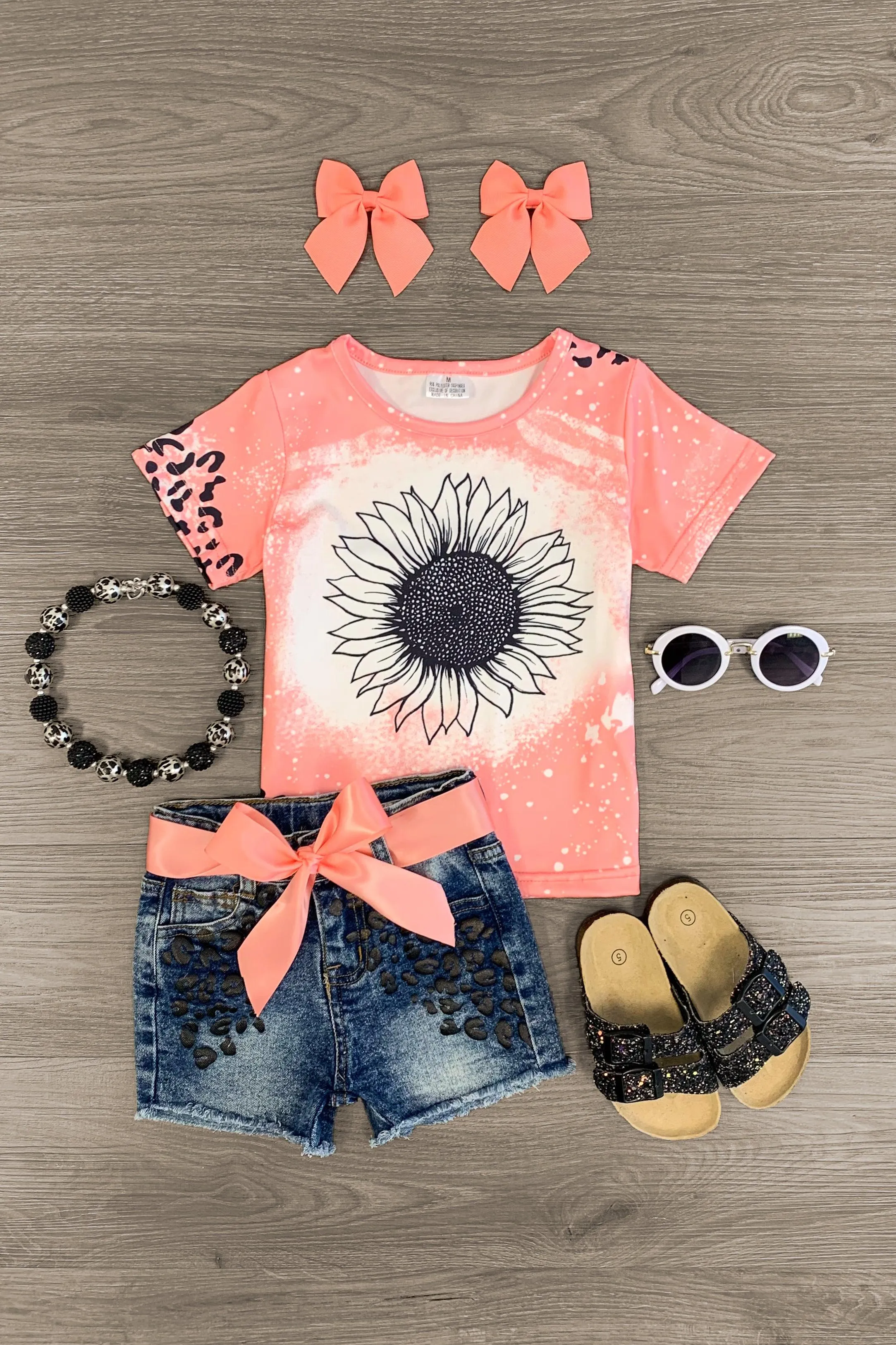 Coral Sunflower & Cheetah Denim Short Set