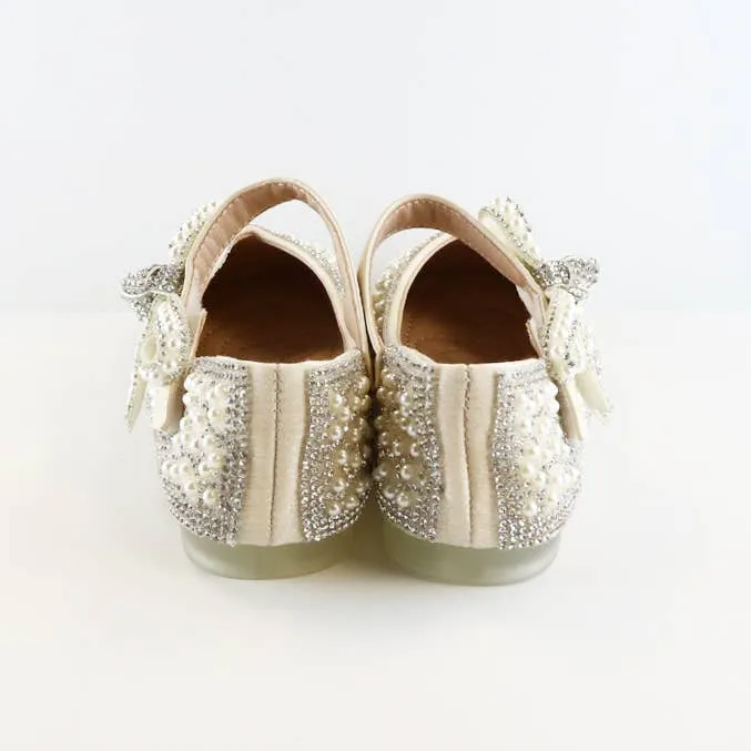 Doe A Dear BEIGE Bowtie Strap Jewel Flat Girls Dress Shoes