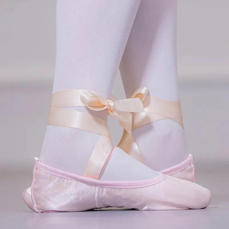 Girls Ribbon Ballet Shoes Toe Indoor Yoga Training Shoes Tie up Body Shoes Adult Satin Soft Soles Dance shoes with Two Soles