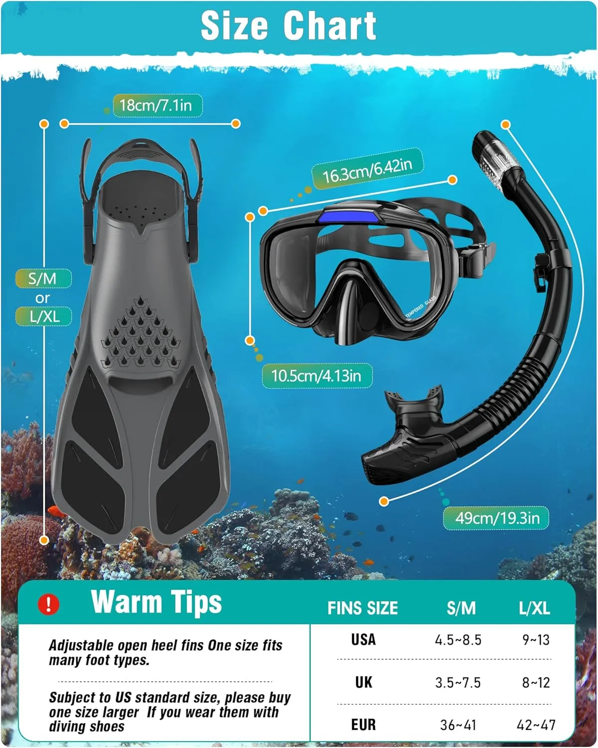 Greatever Snorkel Set Adults with Flippers, Diving Set with Snorkel Mask