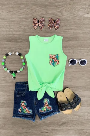 Green Cactus & Hearts Tie Short Set