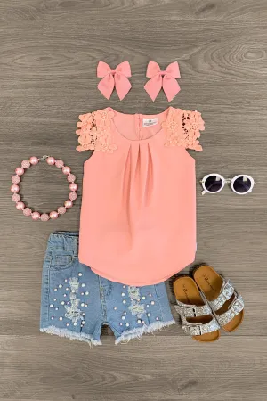 Lace Pink & Pearls Denim Short Set