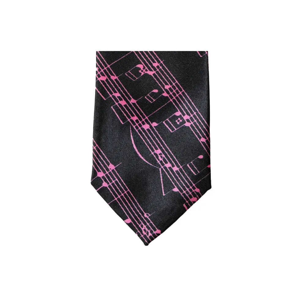 Mens Black With Pink Musical Notes 5cm Skinny Neck Tie