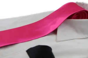 Mens Hot Pink 8cm Neck Tie & Black Pocket Square Set