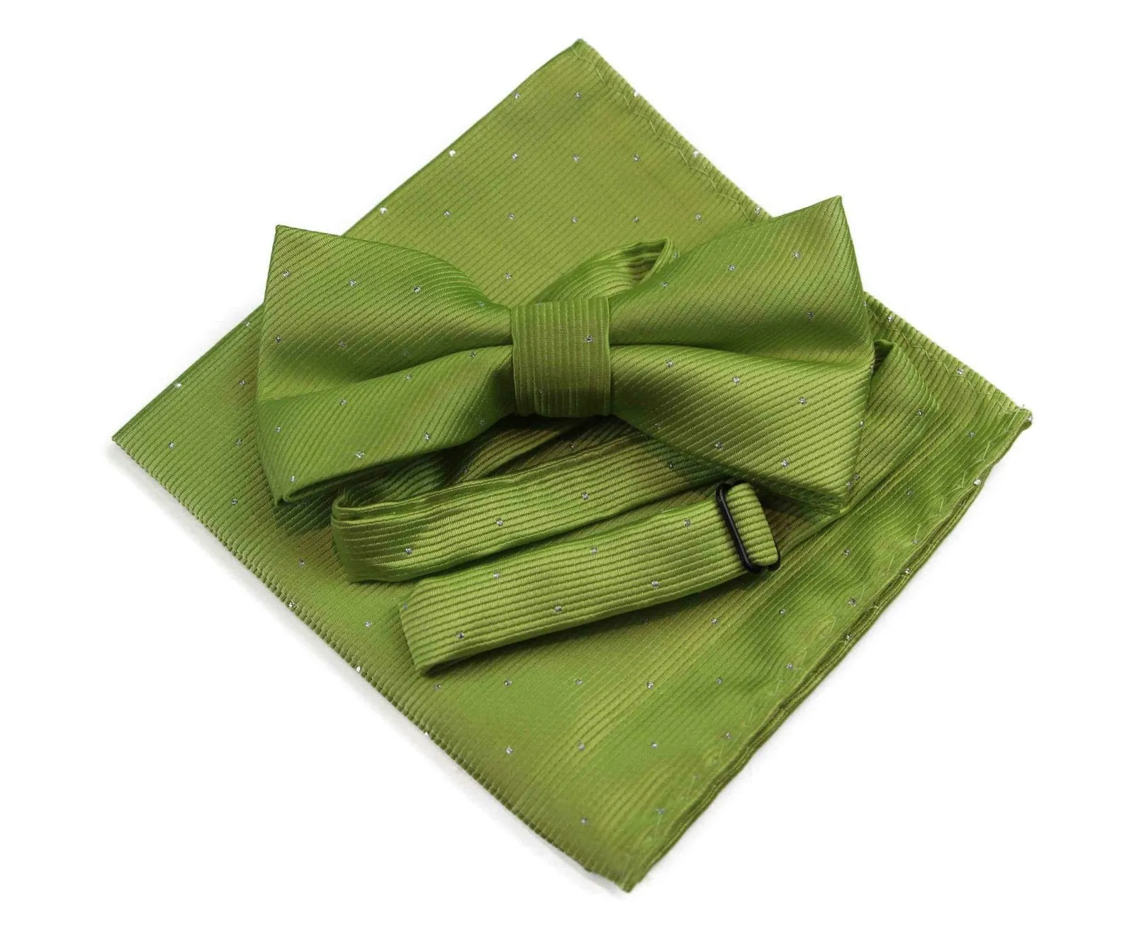 Mens Olive Green With Silver Stars Matching Bow Tie & Pocket Square Set