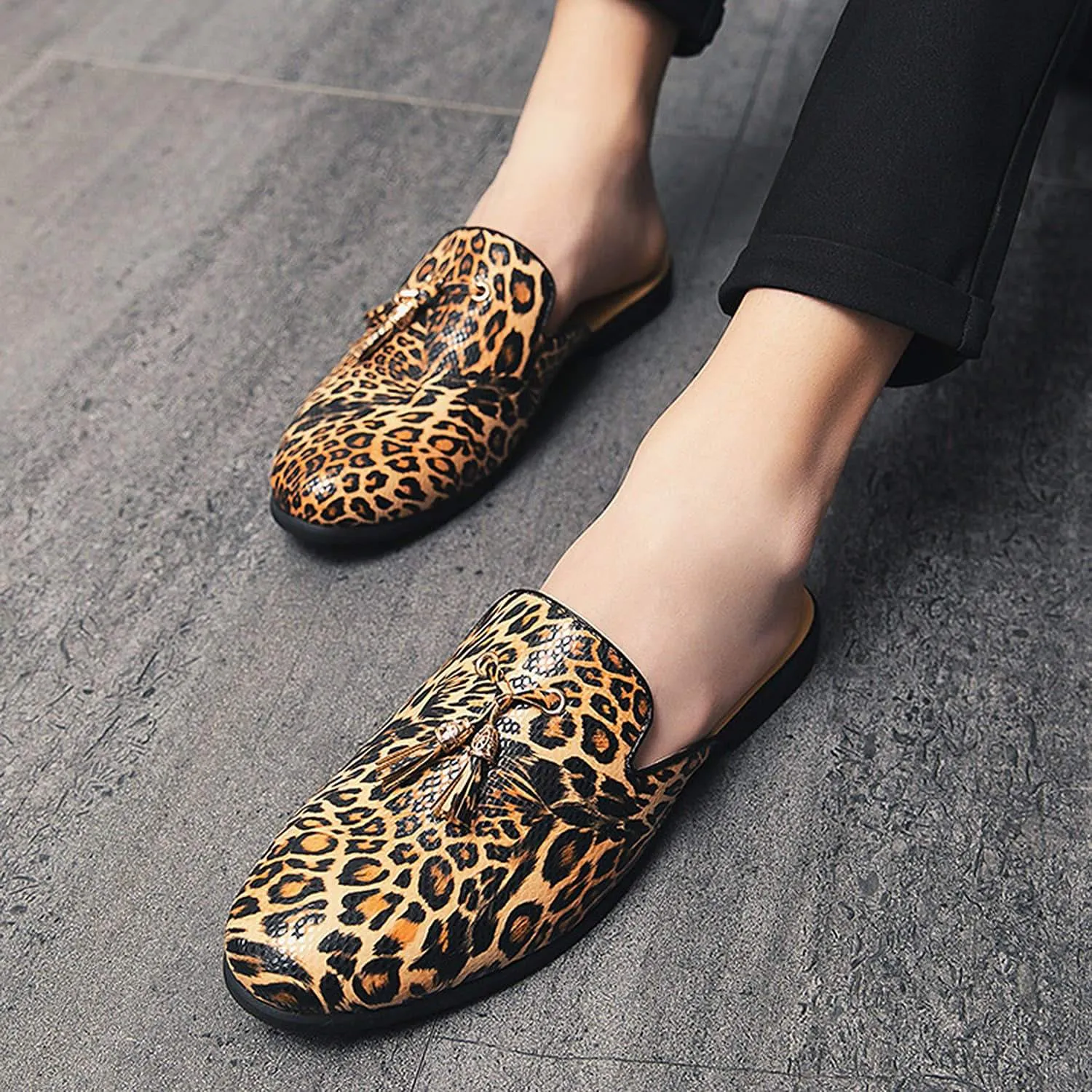 Men's Tassel Leopard Buckle Mules