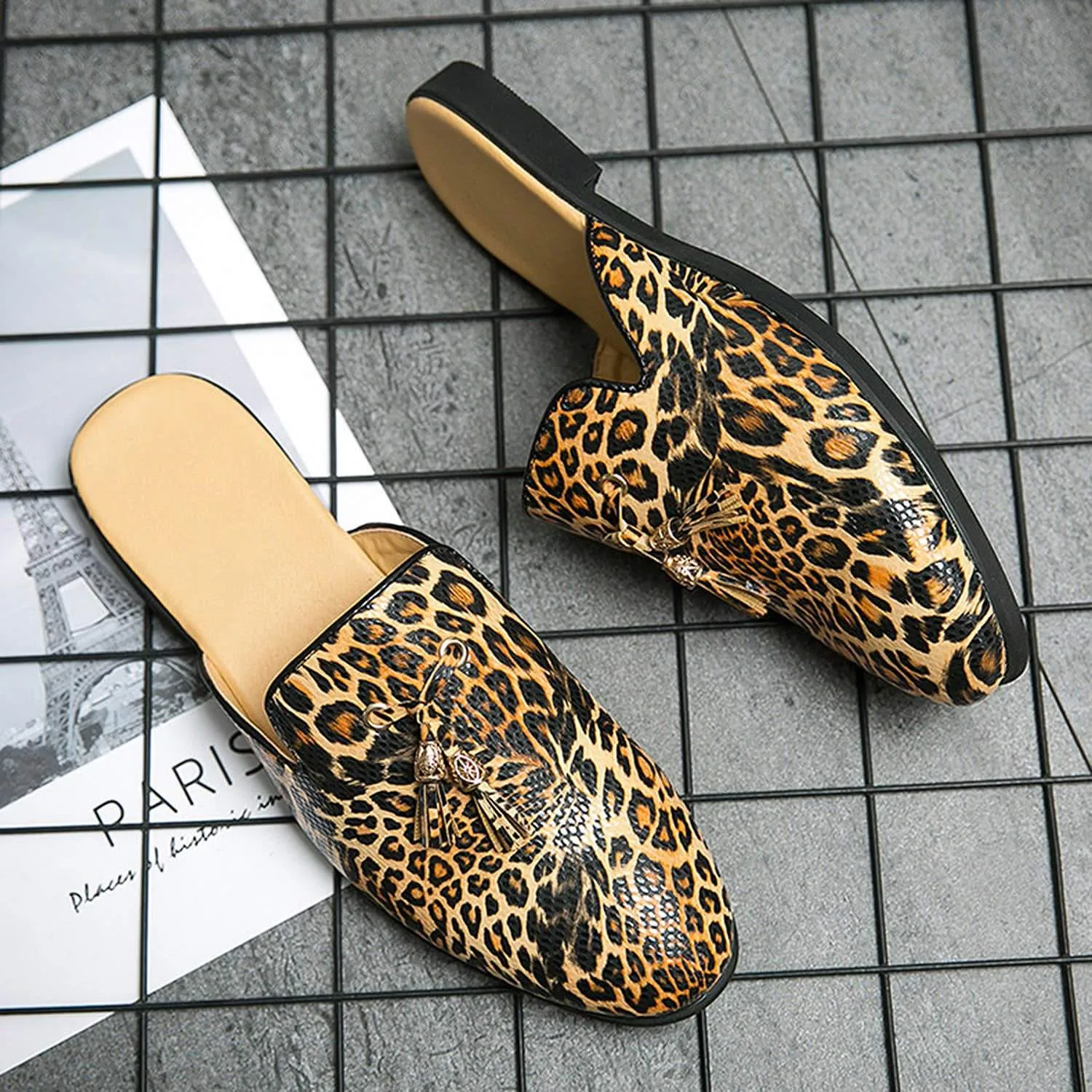 Men's Tassel Leopard Buckle Mules