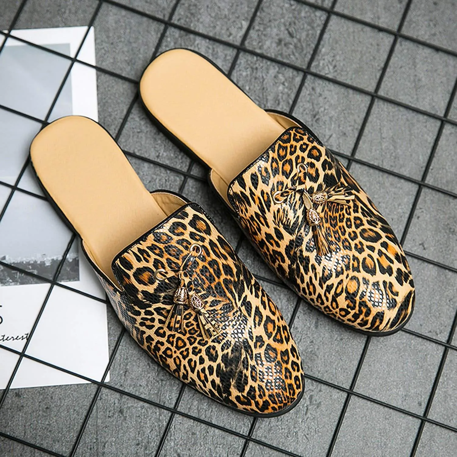 Men's Tassel Leopard Buckle Mules