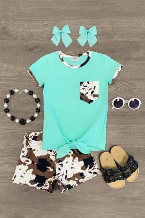 Mint Cow Print Short Set