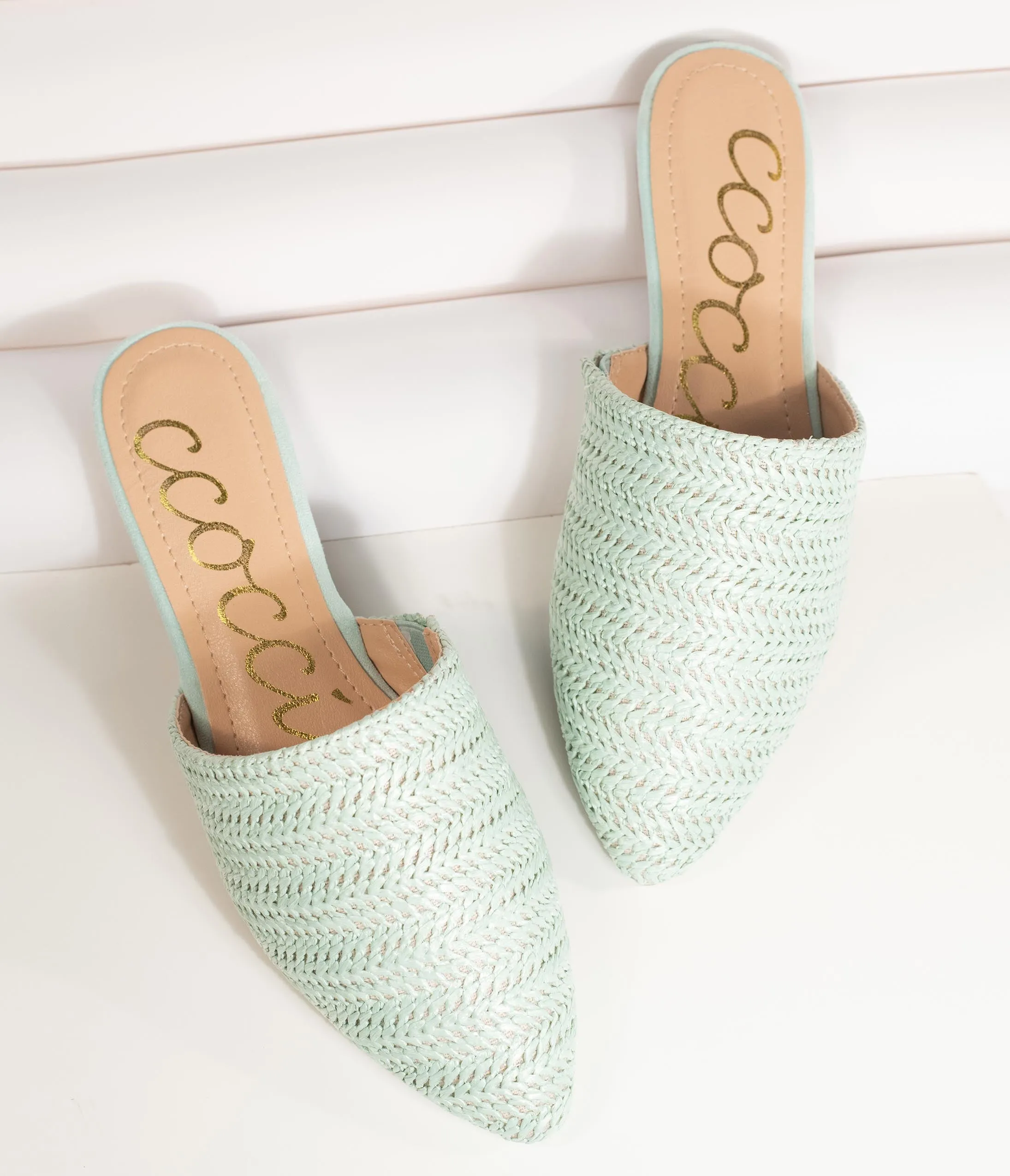 Mint Woven Straw Slip On Mules