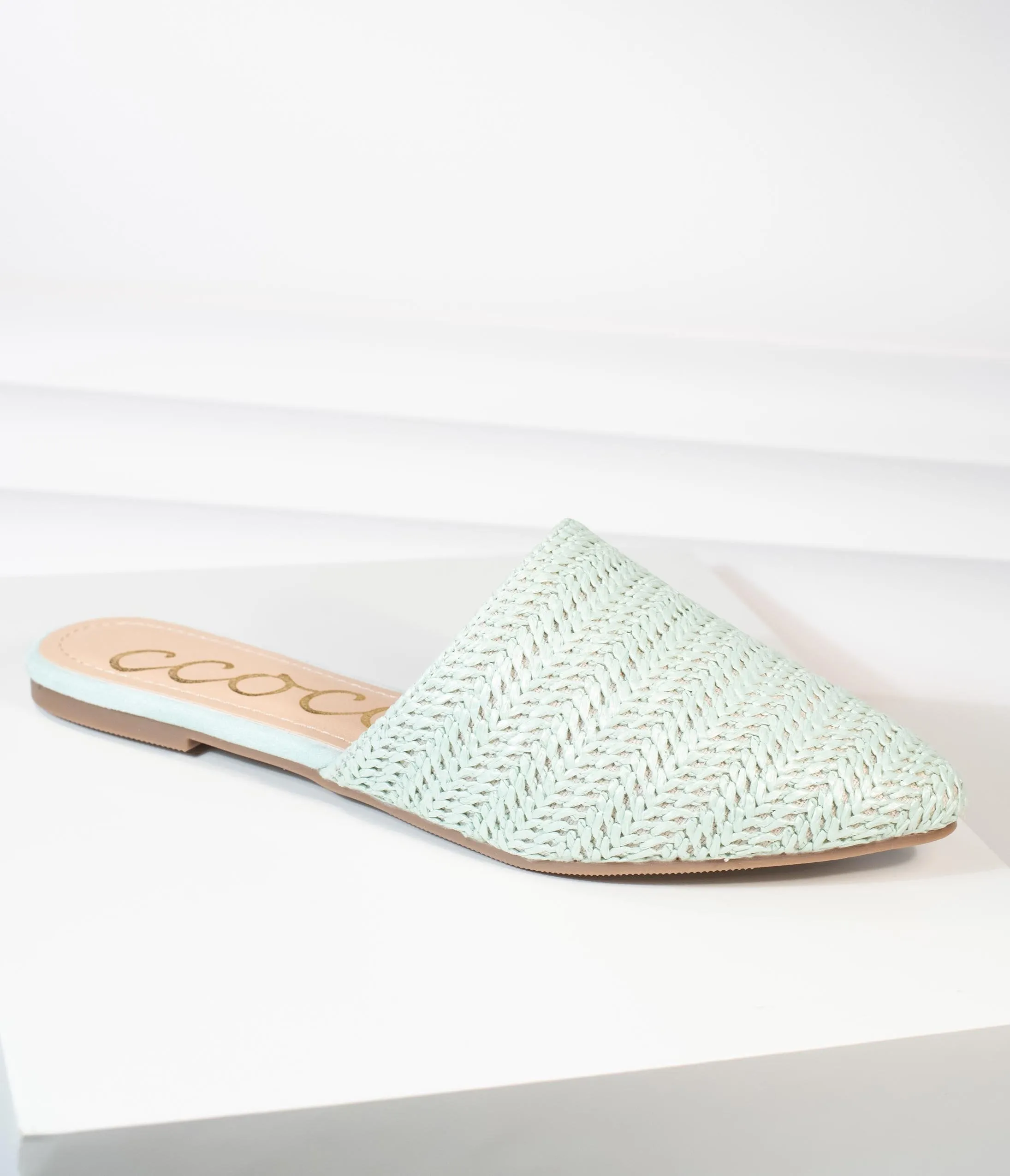 Mint Woven Straw Slip On Mules