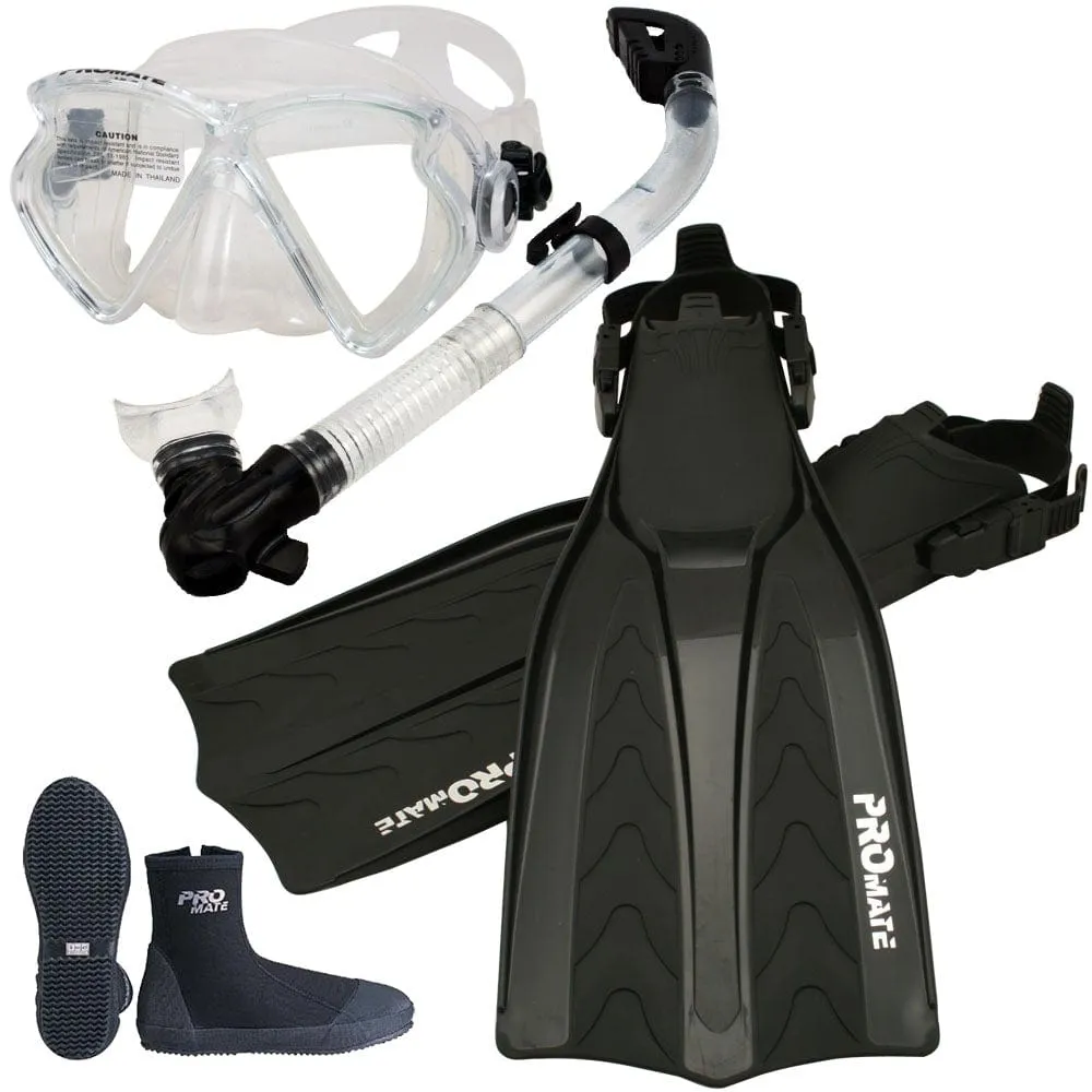 Scuba Dive Mask Dry Snorkel Fins Boots Combo Package Set - SCS0001