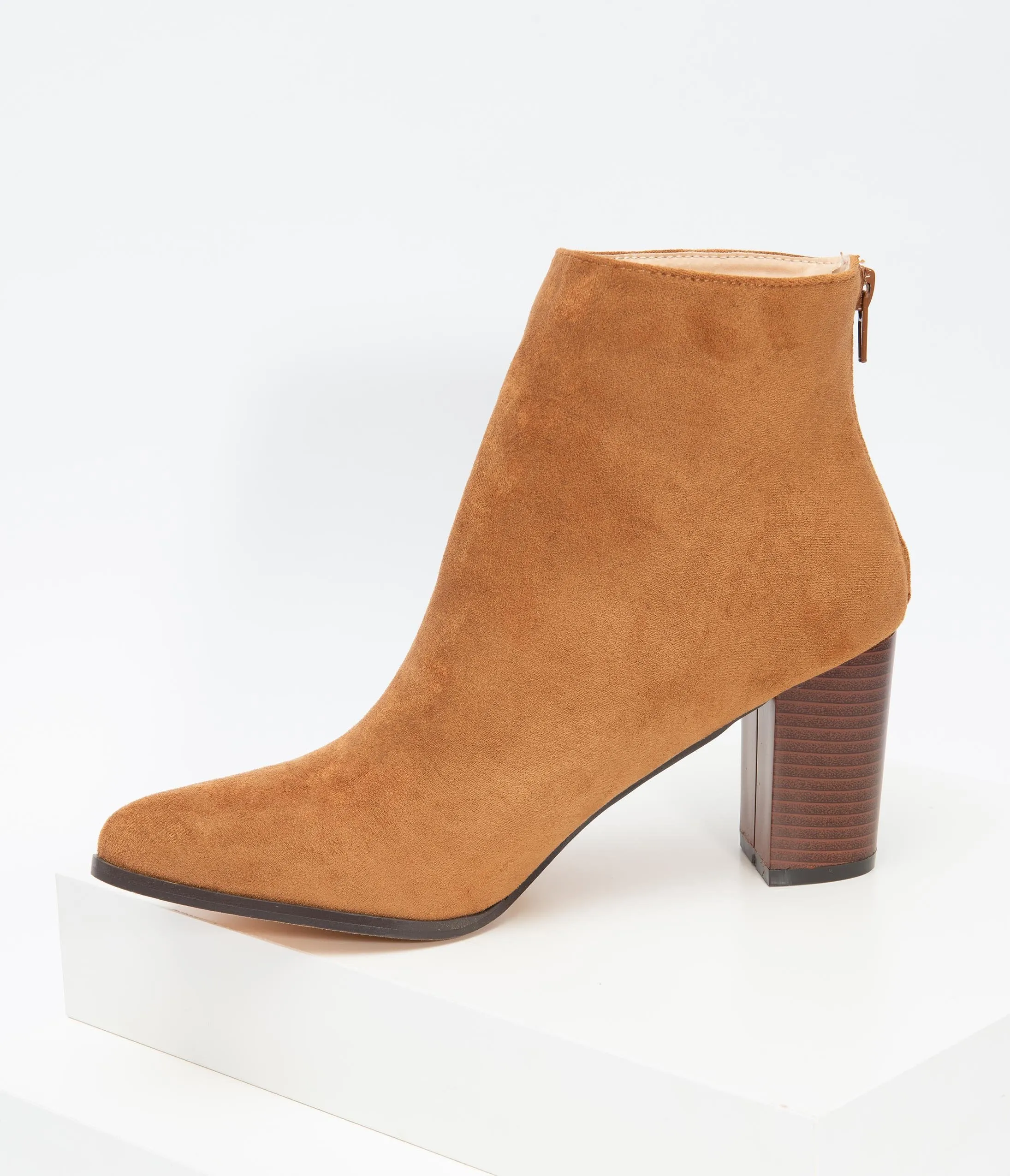 Tan Suede Stacked Heel Bootie