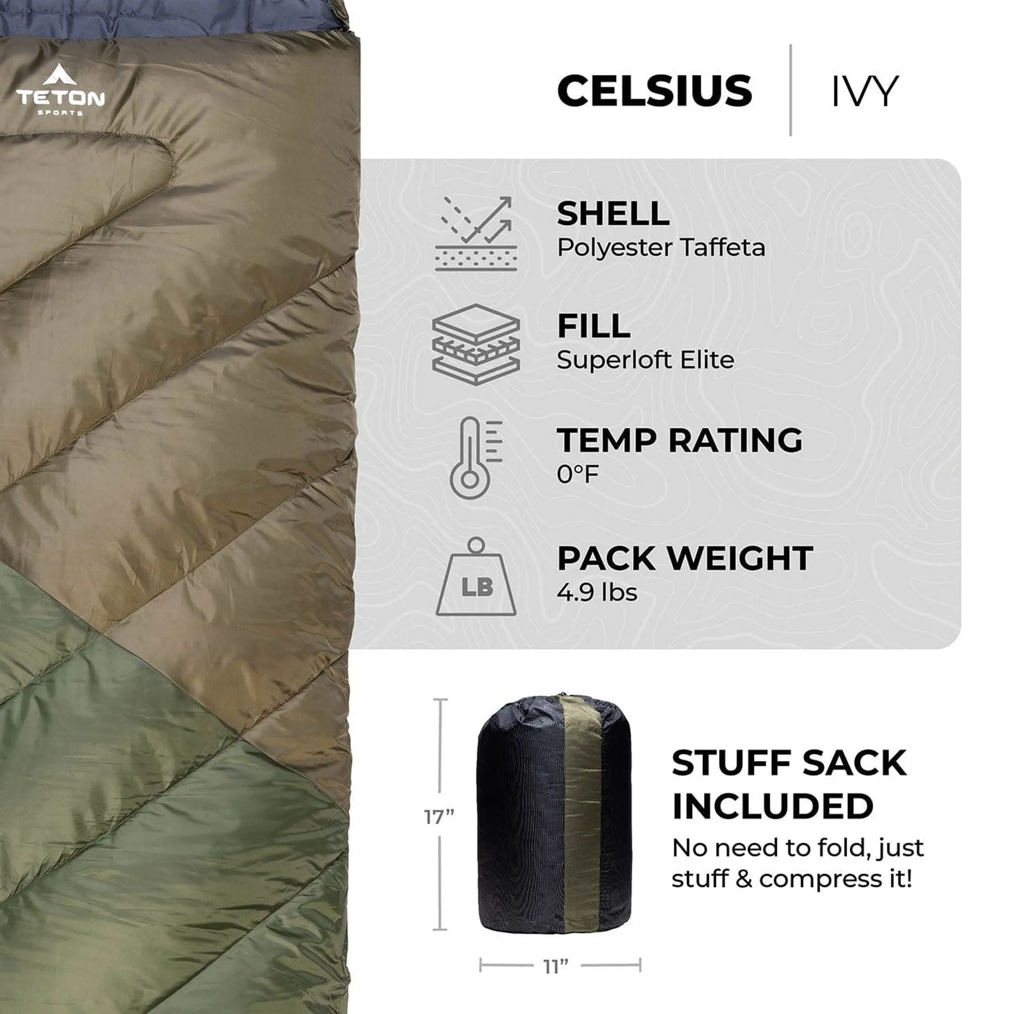 Teton Sports Celsius -18˚c/0˚f Sleeping Bag in Ivy and Grey