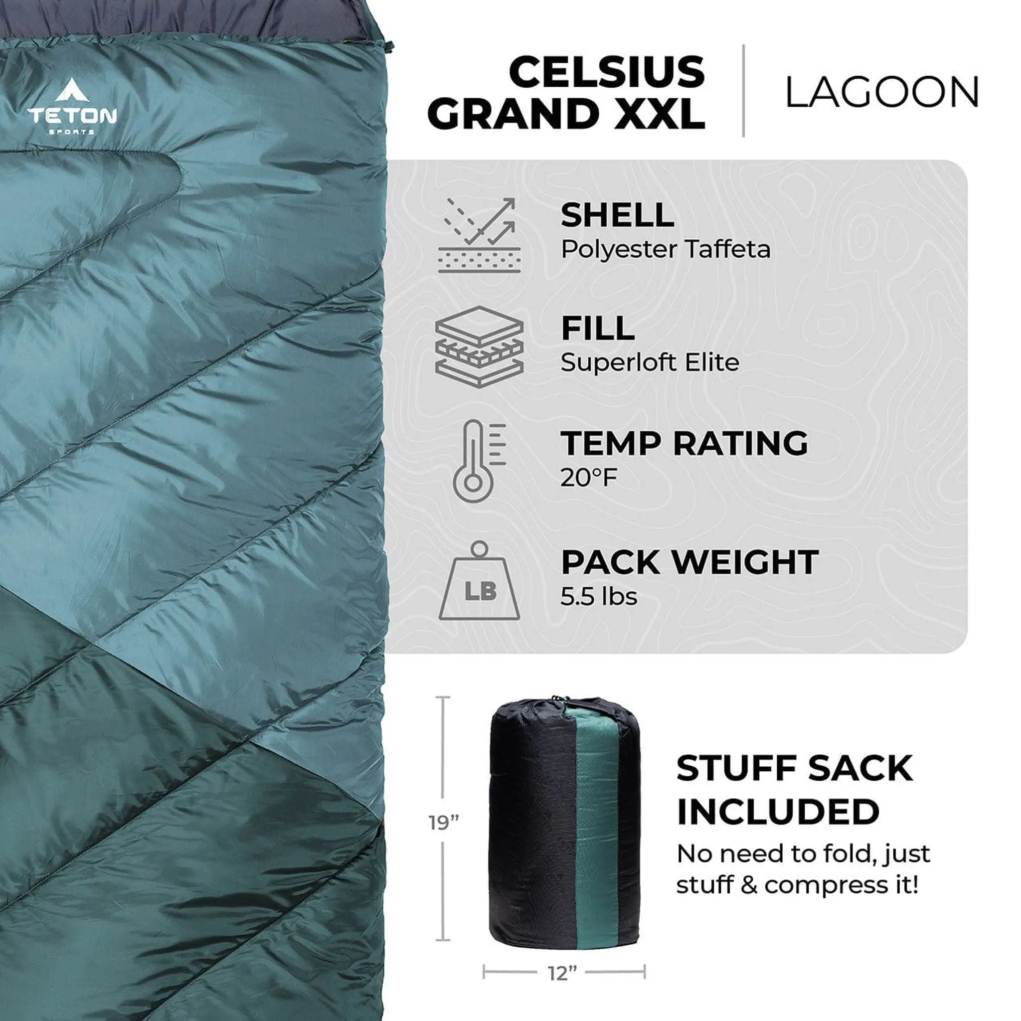 Teton Sports Celsius Grand XXL -7˚c/20˚f Sleeping Bag in Lagoon and Grey