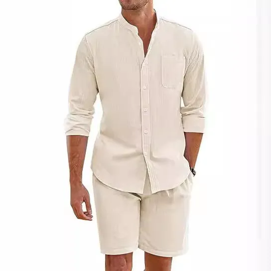 TWO PIECE COTTON AND LINEN COMFORTABLE BUTTON UP SHIRT, LONG SLEEVED SHORTS, CARDIGAN, SIMPLE CASUAL BEACH OUTFIT