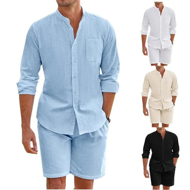 TWO PIECE COTTON AND LINEN COMFORTABLE BUTTON UP SHIRT, LONG SLEEVED SHORTS, CARDIGAN, SIMPLE CASUAL BEACH OUTFIT