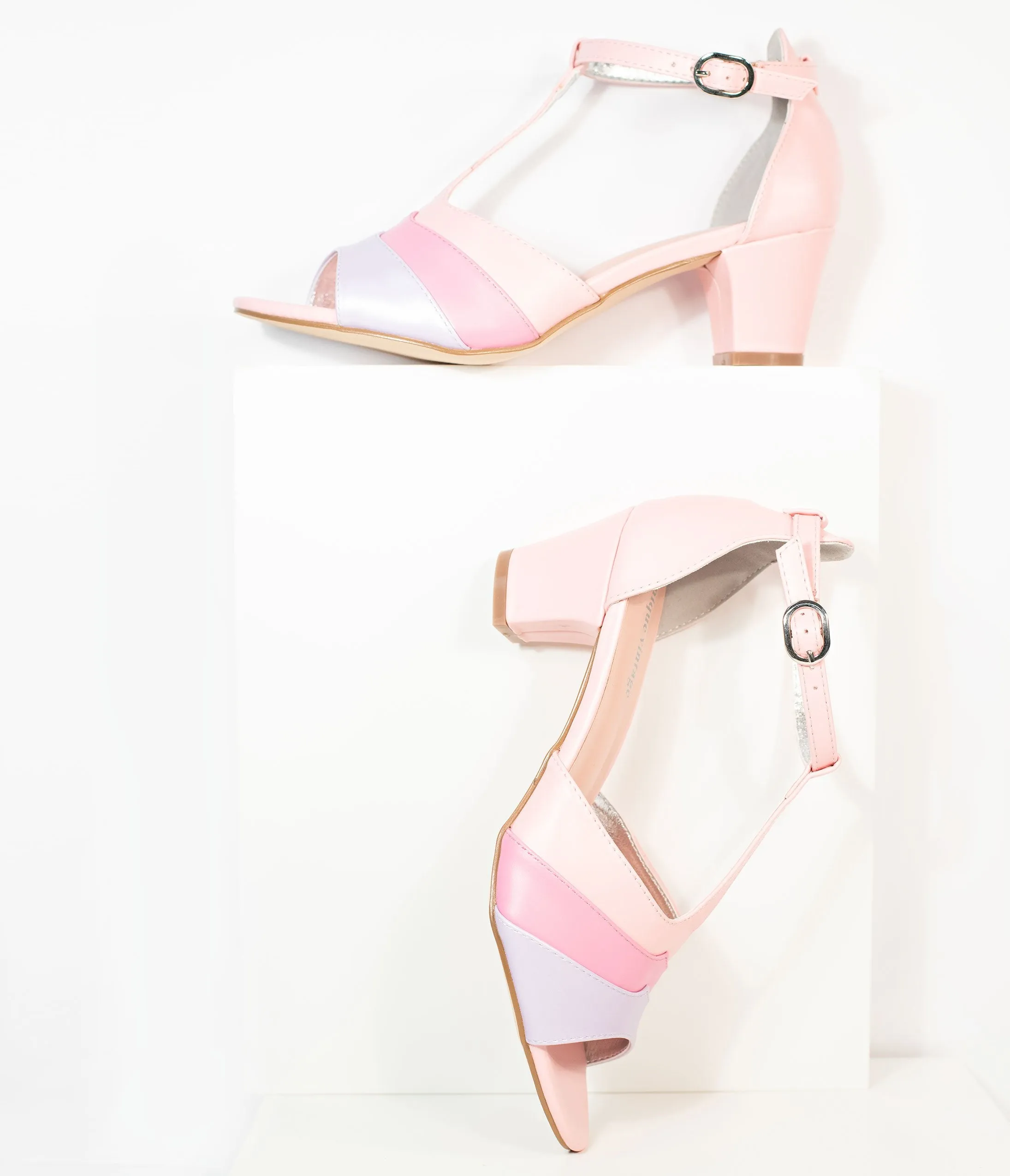 Unique Vintage Pink & Purple Peep Toe T-Strap Charisse Heels