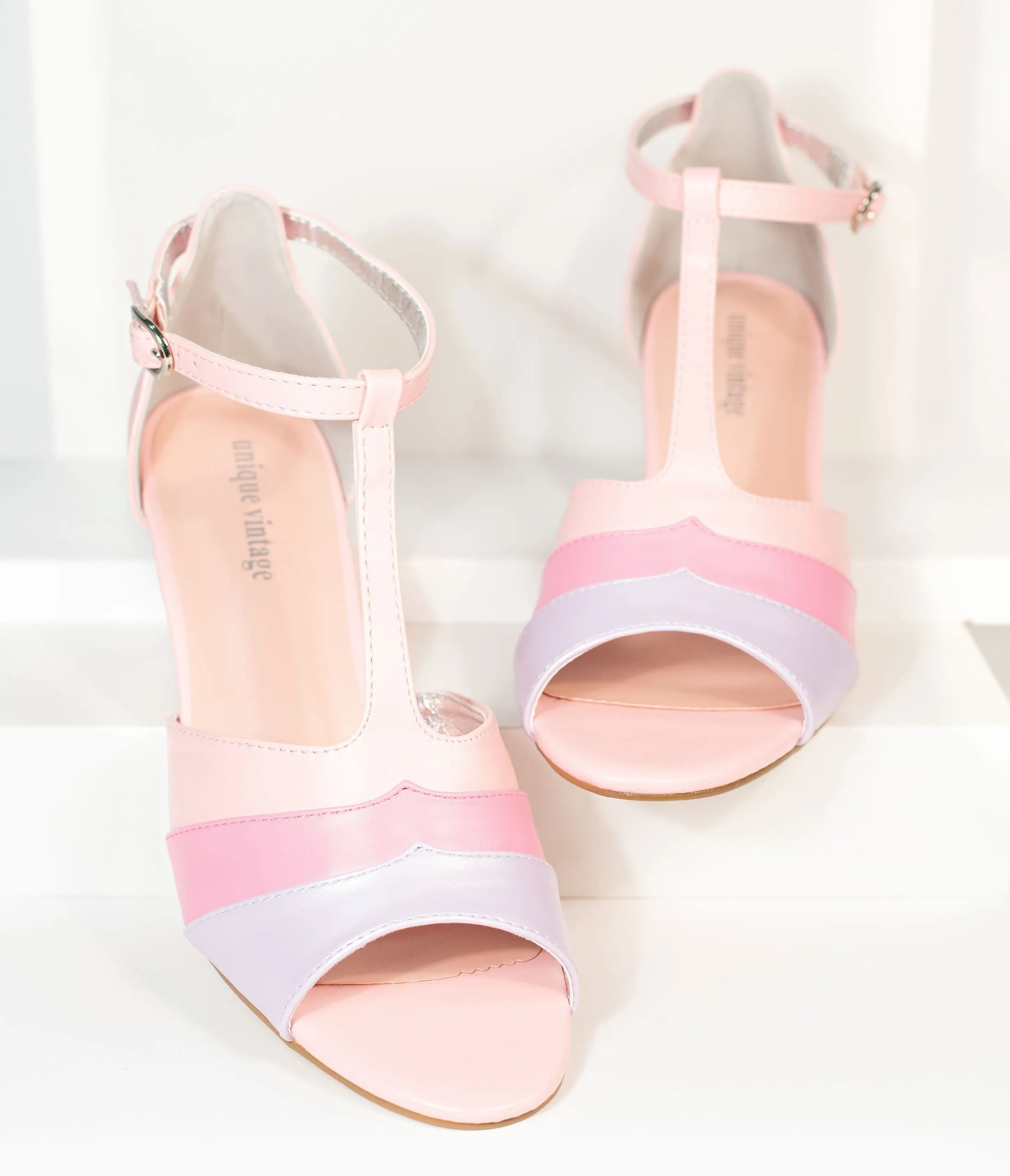 Unique Vintage Pink & Purple Peep Toe T-Strap Charisse Heels