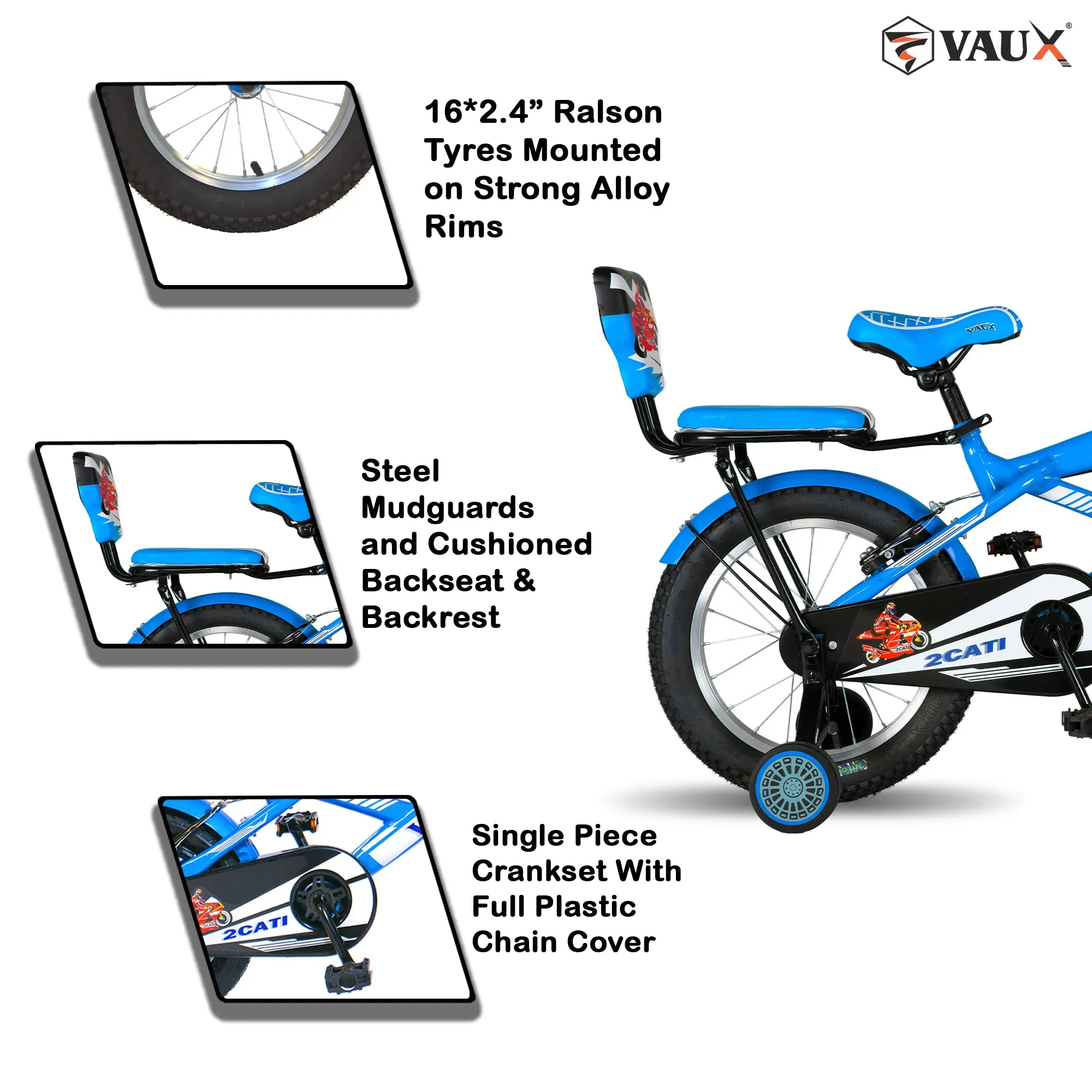 Vaux 2Cati 16T Cycle for Boys with Sidewheels, Basket & Backseat, Bicycle for Kids with Steel Frame, Alloy Rims & 16x2.40 Tyres, Cycle for Kids 4 to 6 Years with Ideal Height 3.3ft to 3.9ft(Blue)