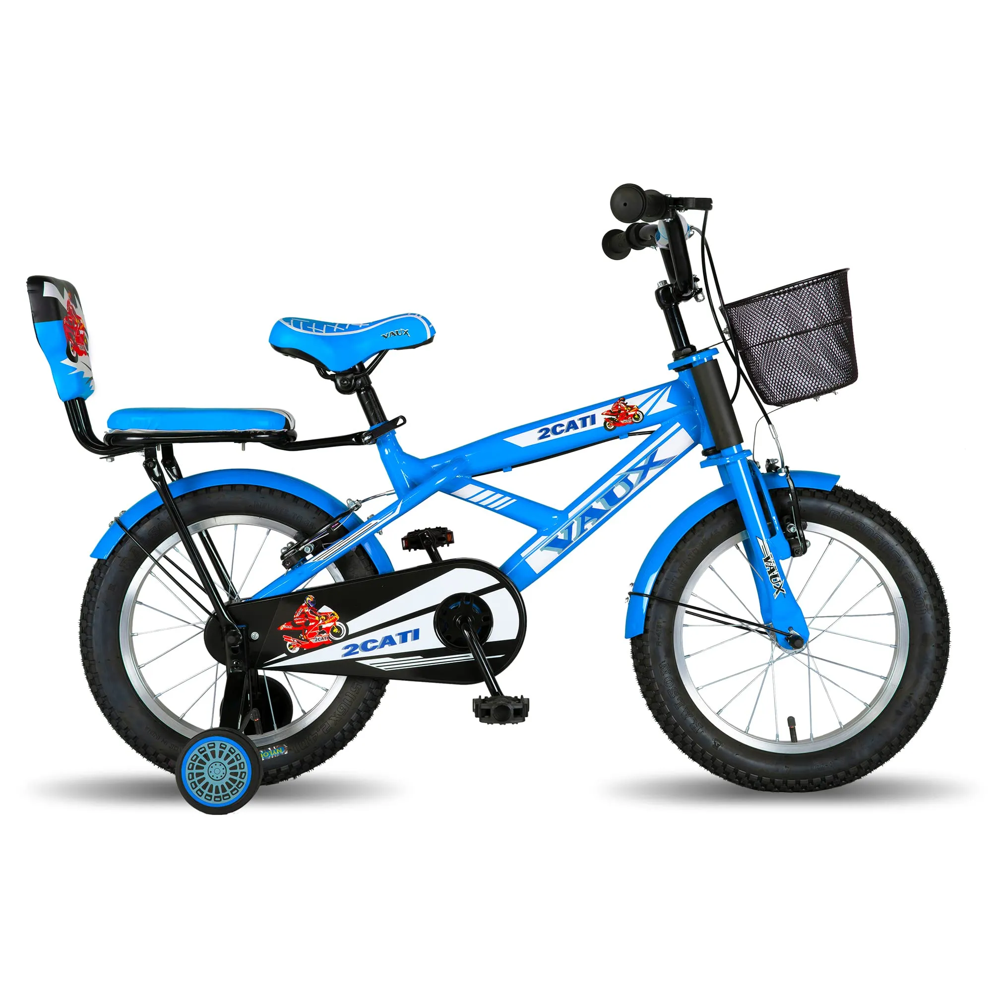 Vaux 2Cati 16T Cycle for Boys with Sidewheels, Basket & Backseat, Bicycle for Kids with Steel Frame, Alloy Rims & 16x2.40 Tyres, Cycle for Kids 4 to 6 Years with Ideal Height 3.3ft to 3.9ft(Blue)