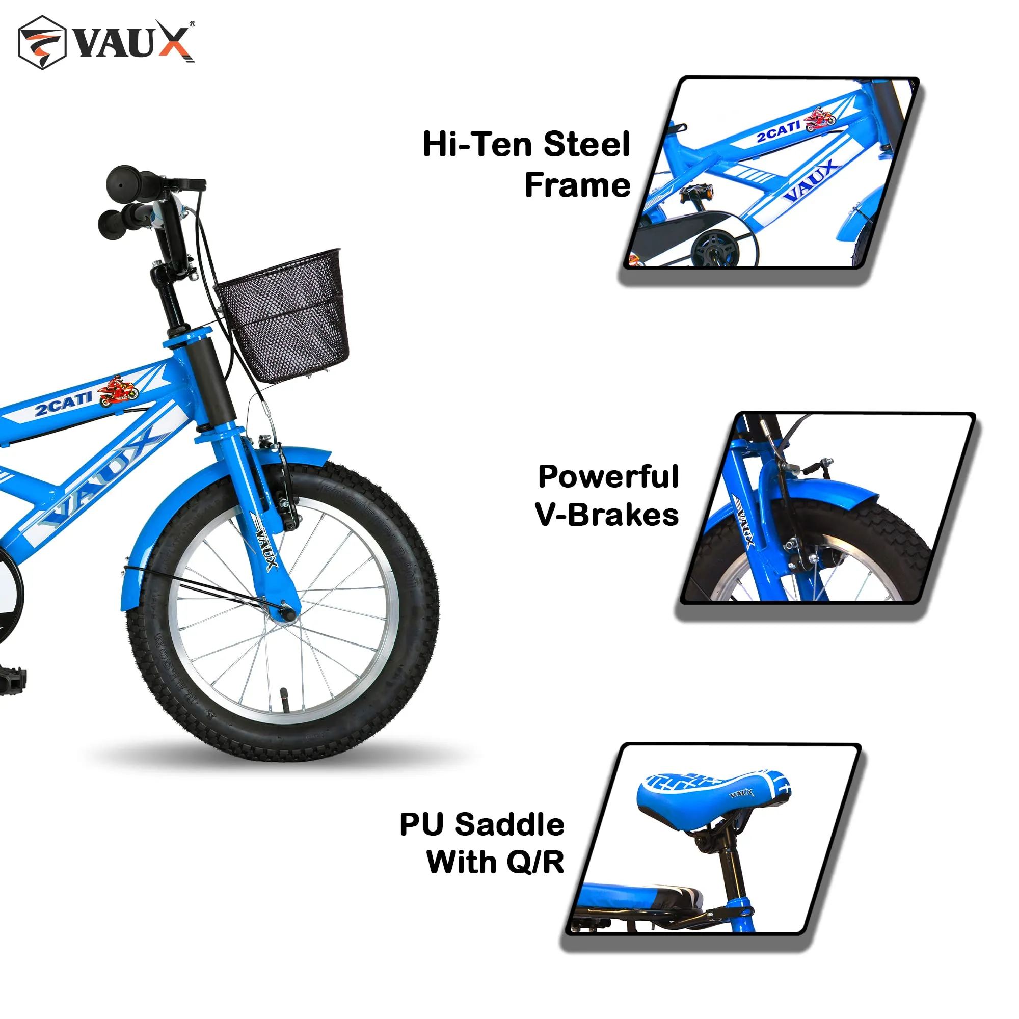 Vaux 2Cati 16T Cycle for Boys with Sidewheels, Basket & Backseat, Bicycle for Kids with Steel Frame, Alloy Rims & 16x2.40 Tyres, Cycle for Kids 4 to 6 Years with Ideal Height 3.3ft to 3.9ft(Blue)