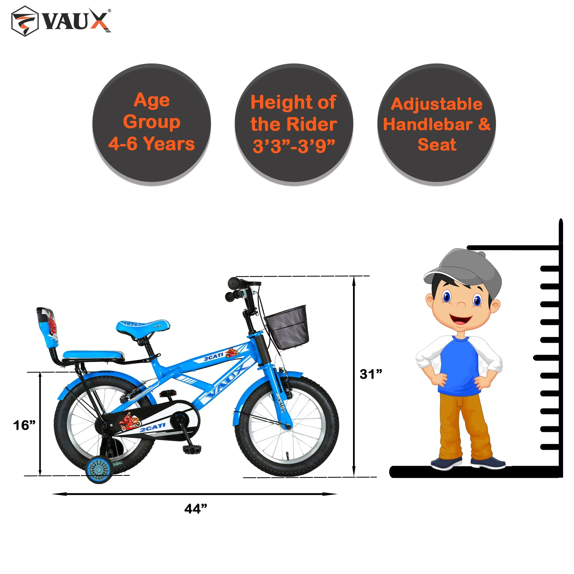 Vaux 2Cati 16T Cycle for Boys with Sidewheels, Basket & Backseat, Bicycle for Kids with Steel Frame, Alloy Rims & 16x2.40 Tyres, Cycle for Kids 4 to 6 Years with Ideal Height 3.3ft to 3.9ft(Blue)