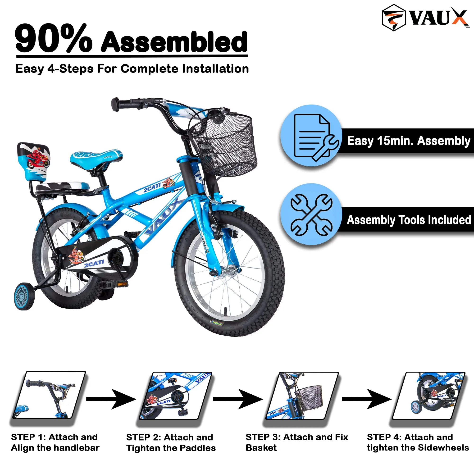 Vaux 2Cati 16T Cycle for Boys with Sidewheels, Basket & Backseat, Bicycle for Kids with Steel Frame, Alloy Rims & 16x2.40 Tyres, Cycle for Kids 4 to 6 Years with Ideal Height 3.3ft to 3.9ft(Blue)