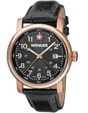 Wenger Mens Urban Classic - Rose Gold Color PVD - Black Dial - Leather Strap