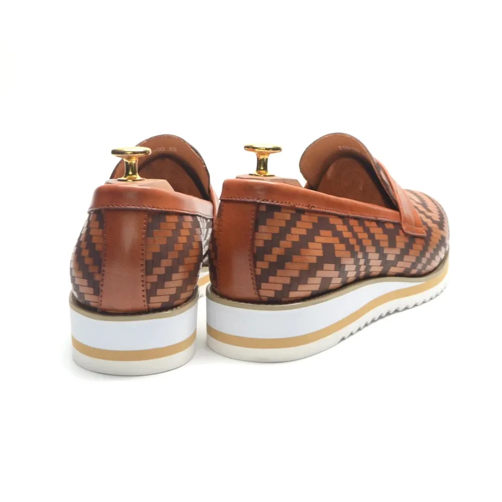 Woven Geometric Genuine Leather Loafers